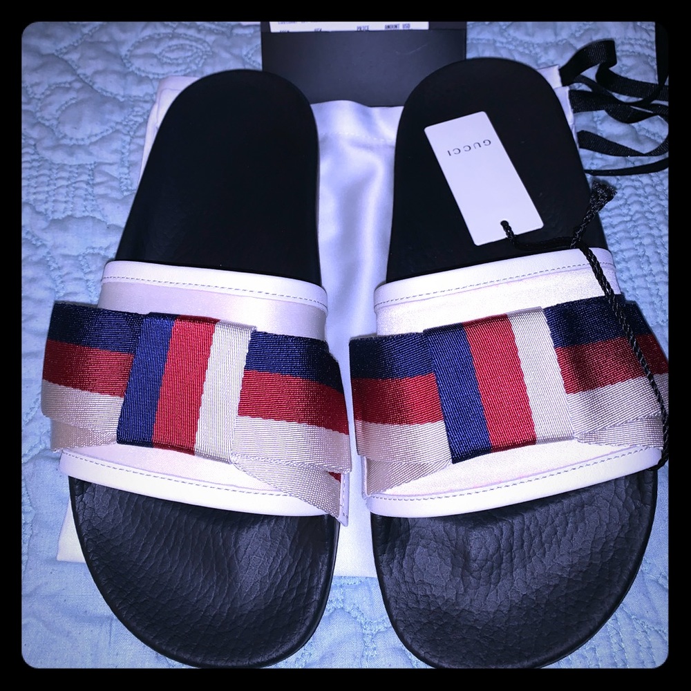 Gucci Ivory Women's Pursuit Web Bow Satin Slides